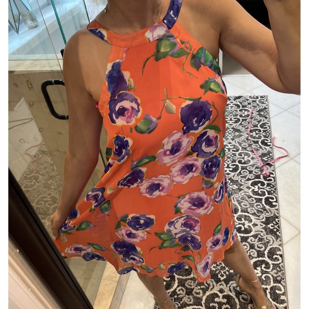 Betsey Johnson Orange Floral Chiffon Swing Dress Size 4 Vintage Style Halter